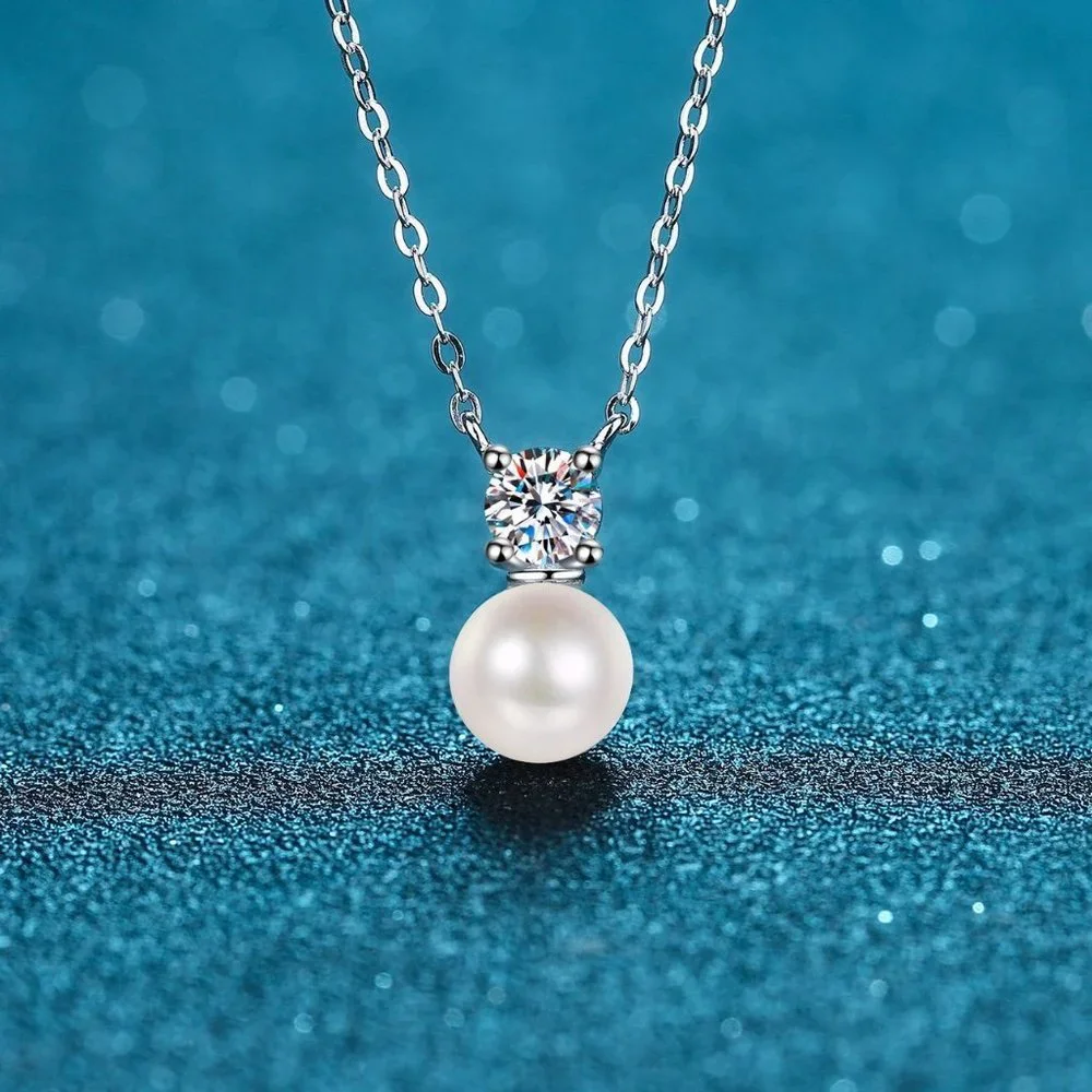 Certified 1/2ct. t.w. Diamond Moissanite Fresh Water Pearl Necklace NEW - Picture 5 of 8